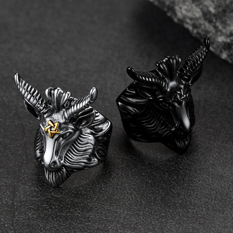 Satanic Baphomet Goat Ring for With Pentagram
