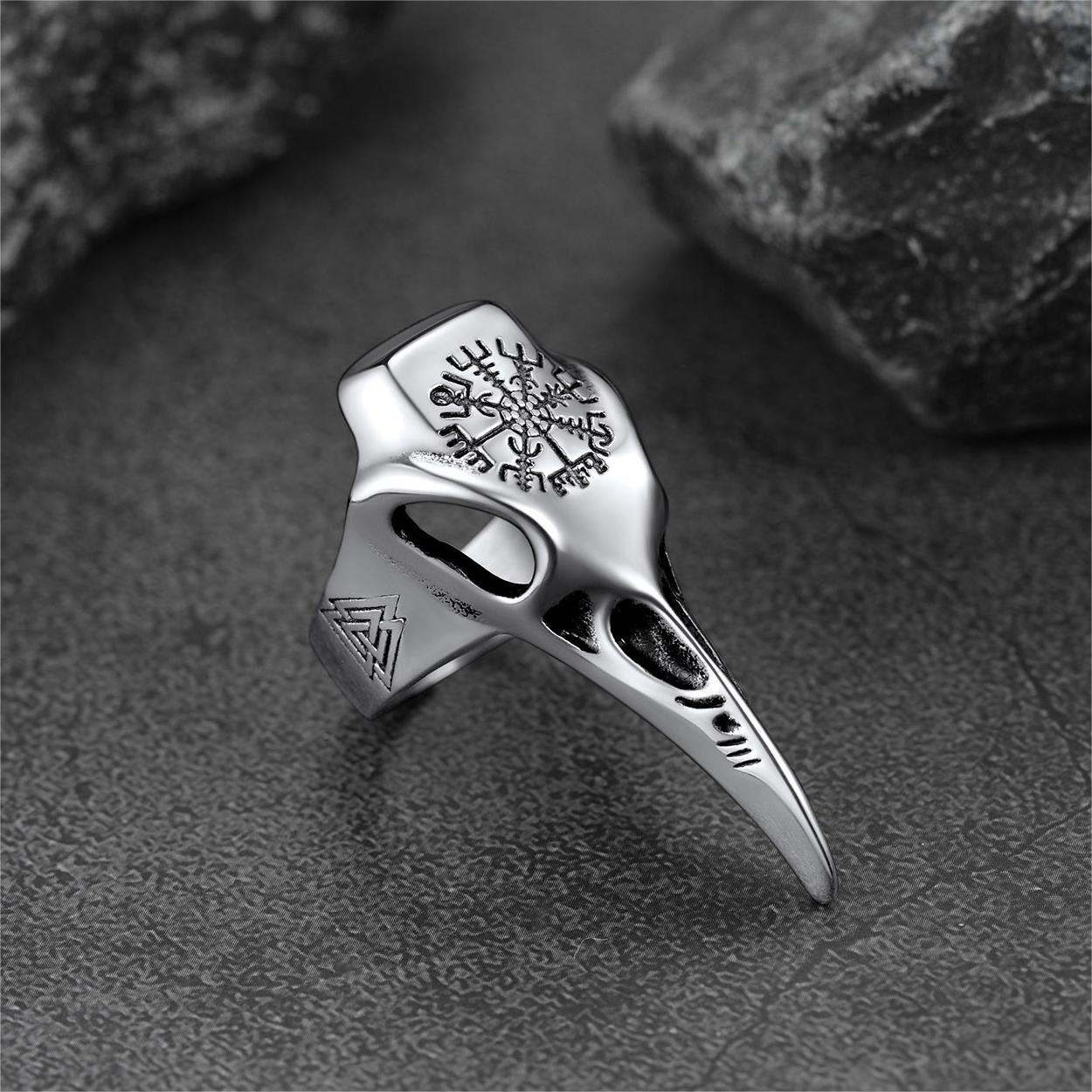 Raven Skull Ring With Viking Compass for