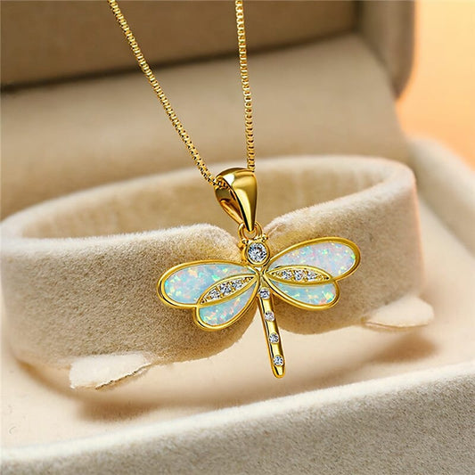 Enchanted Opal Dragonfly Amulet Necklace