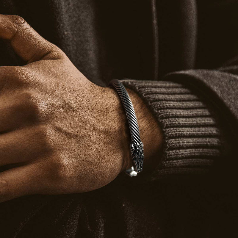 Viking Bracelet Norse Wolf Heads Cuff Bangle for