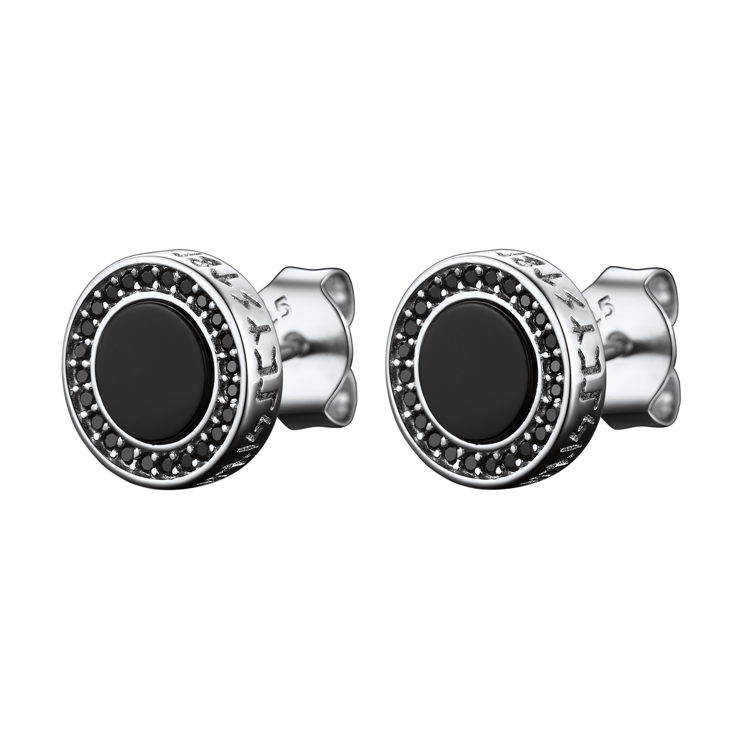 Viking Rune Black Onyx Stud Earrings in Sterling Silver for