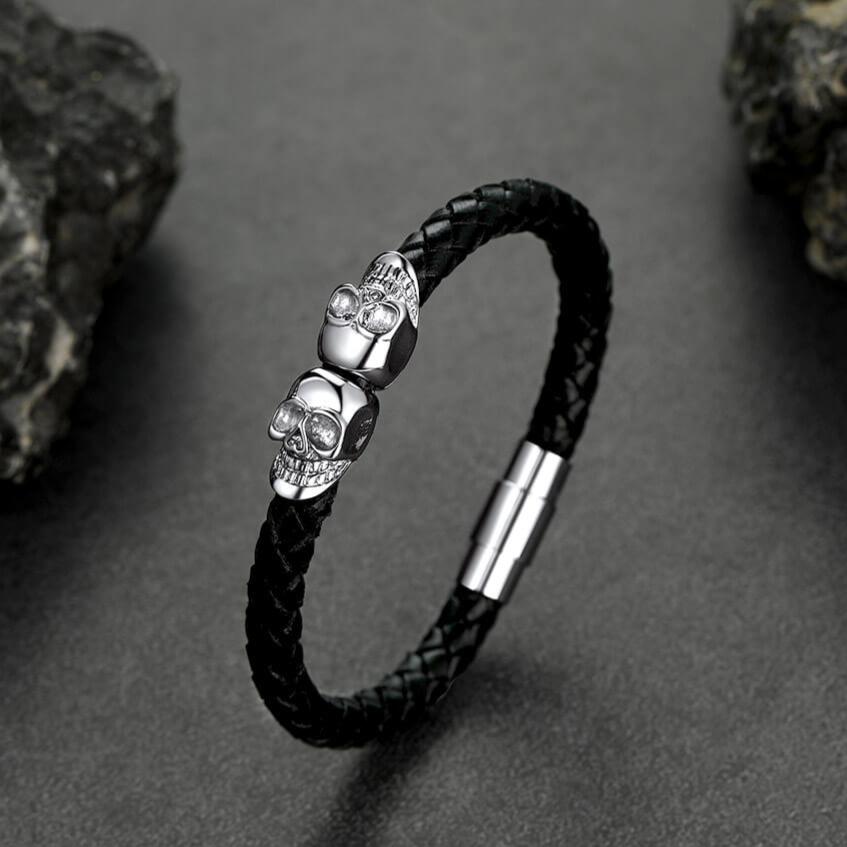 Black Braided Leather Bracelet With Skull for