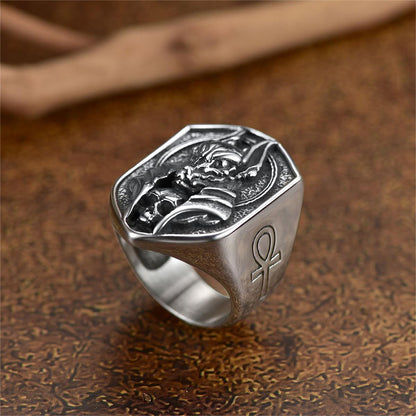 Ancient Egyptian Anubis Signet Ring With Ankh Cross for