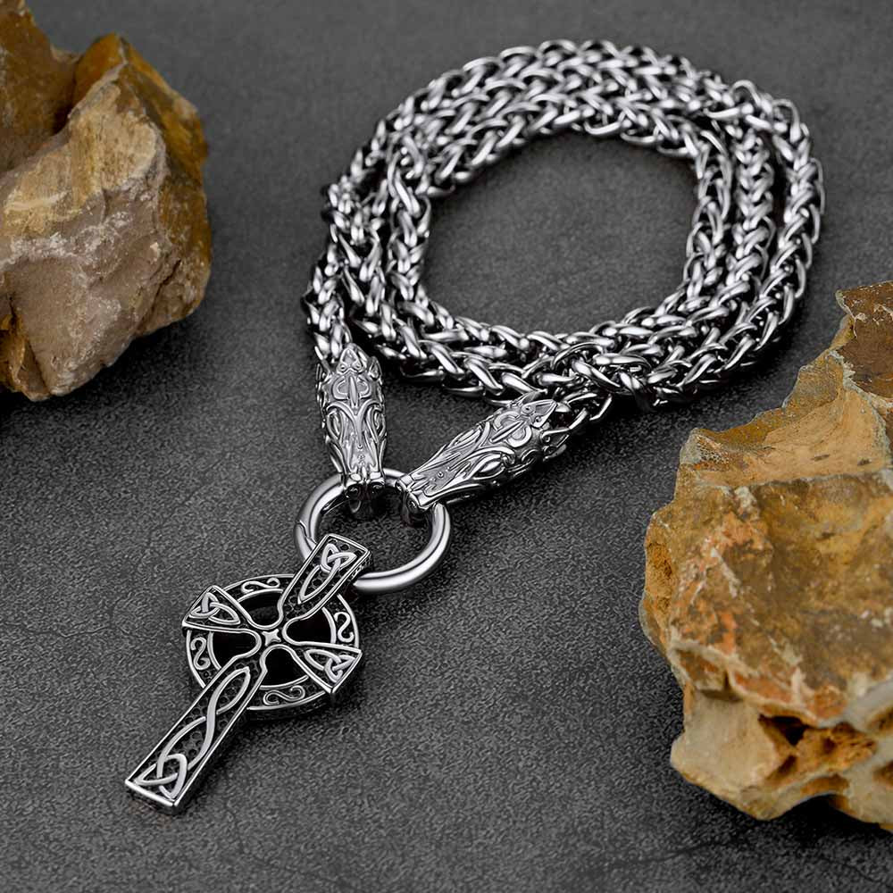 Celtic Knot Cross Necklace With Wolf Rope Chain for