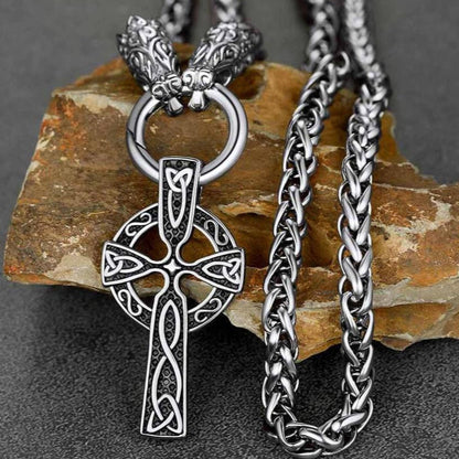 Celtic Knot Cross Necklace With Wolf Rope Chain for