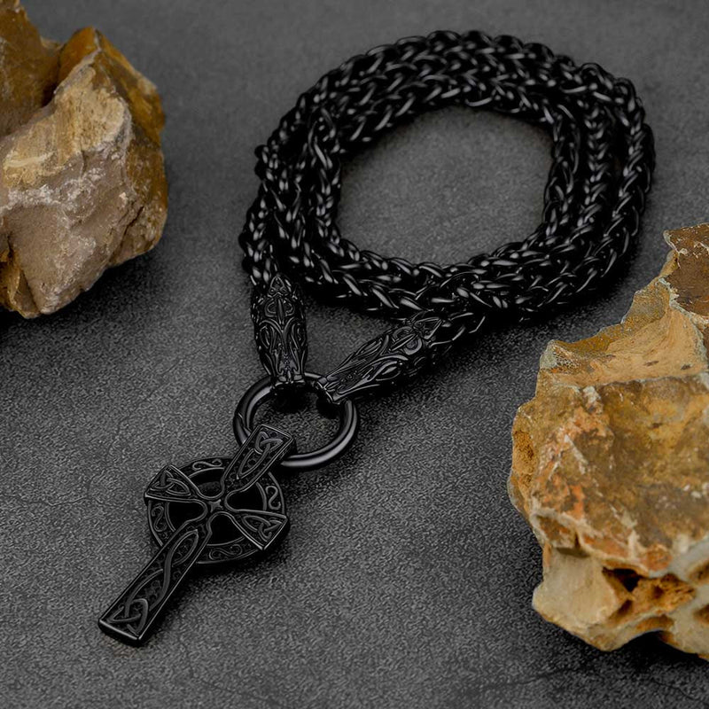 Celtic Knot Cross Necklace With Wolf Rope Chain for