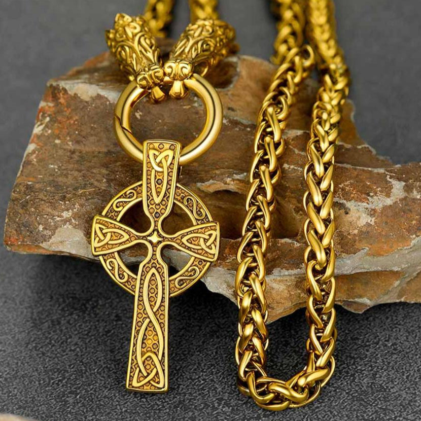 Celtic Knot Cross Necklace With Wolf Rope Chain for