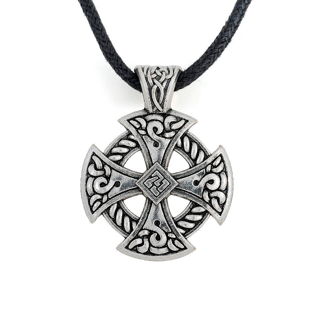 Celtic Cross Shield Pendant Necklace / Viking Style Jewelry / Leather Knot Necklace