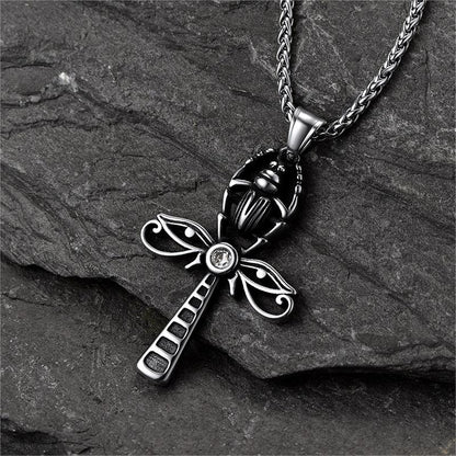 Egyptian Scarab Ankh Cross Necklace for