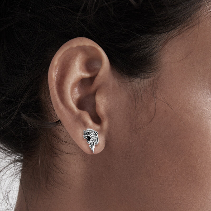 Cheetah Head Gemstone Stainless Steel Stud Earrings