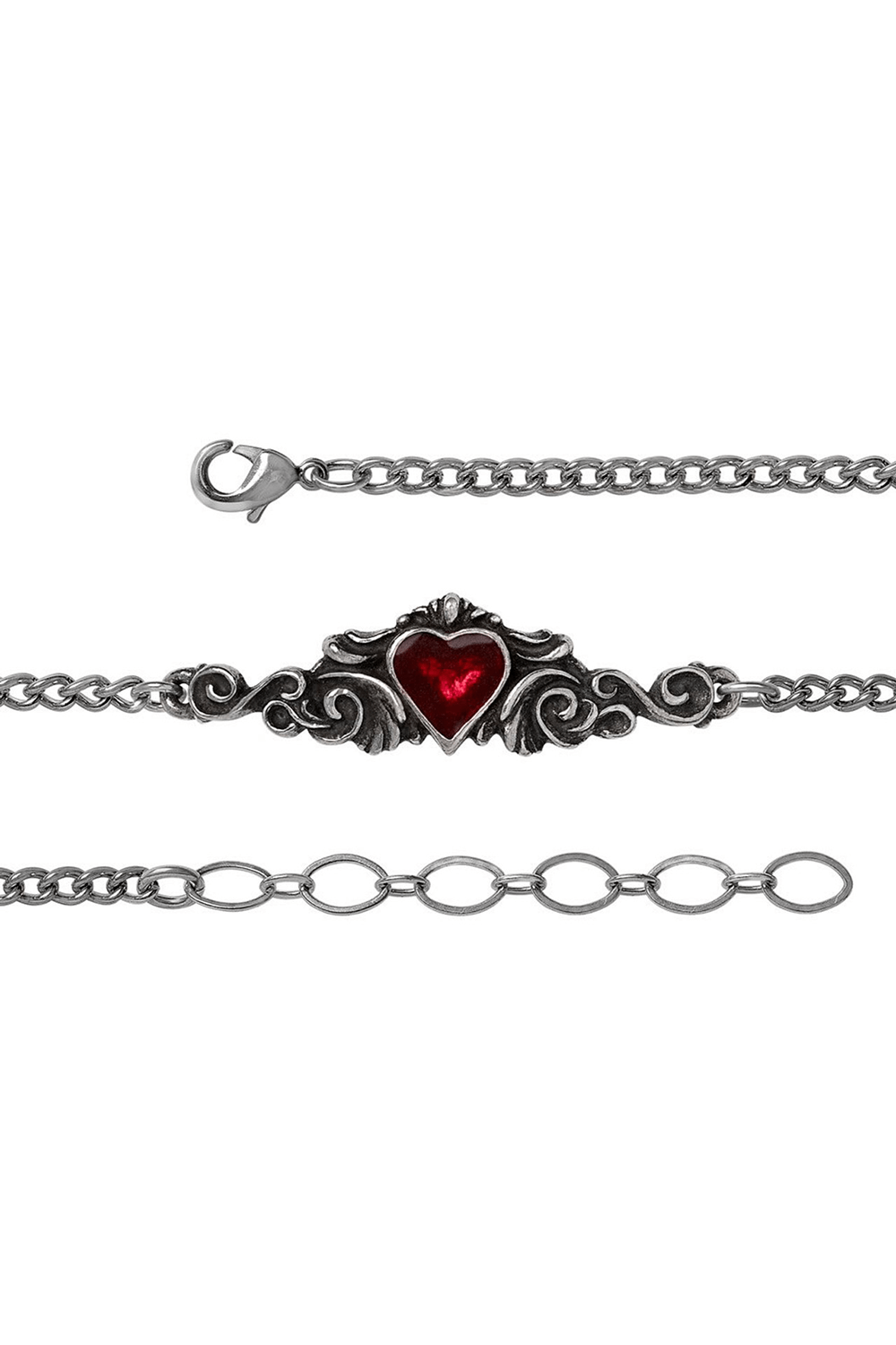 Goth Red Heart Bracelet in Antique Pewter Design