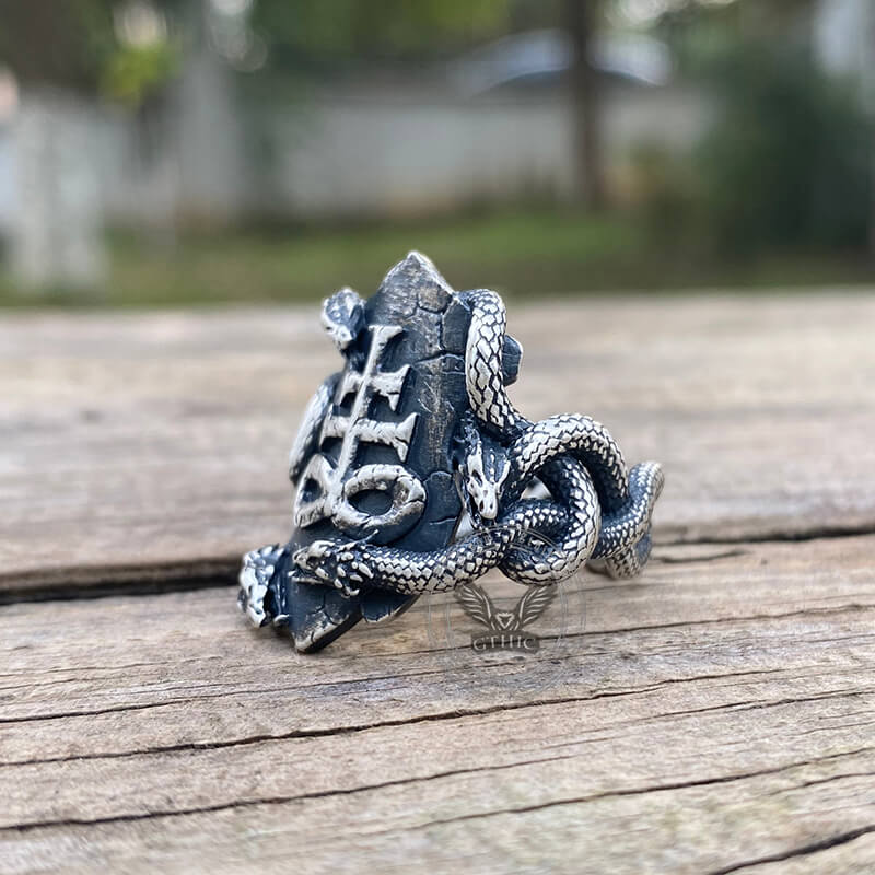 Coiled Snake Leviathan Cross Sterling Silver Ring