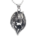Cool Stainless Steel Wolf's Head With Black Crystal Pendant Necklace / Punk Style Jewelry