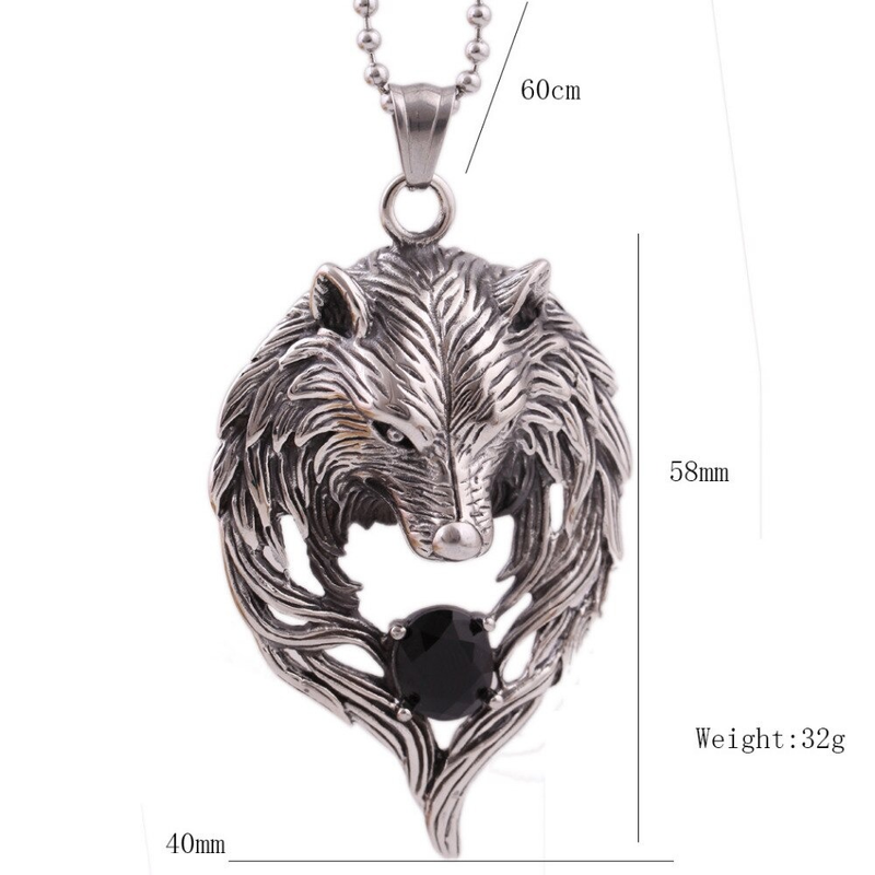Cool Stainless Steel Wolf's Head With Black Crystal Pendant Necklace / Punk Style Jewelry