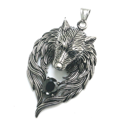 Cool Stainless Steel Wolf's Head With Black Crystal Pendant Necklace / Punk Style Jewelry