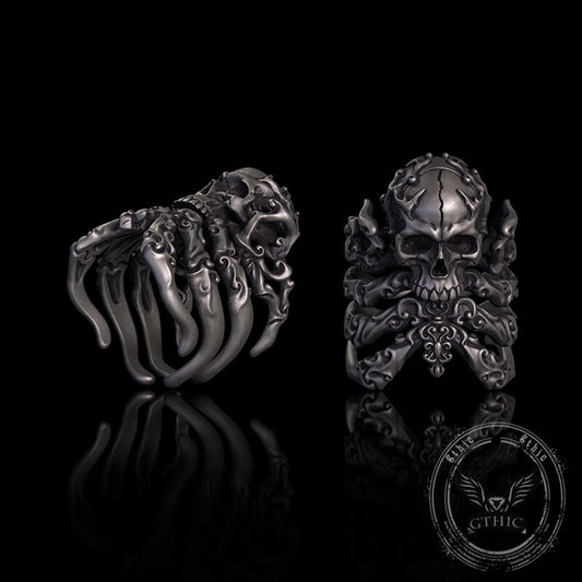 Cracked Skull Eight Tentacles Sterling Silver Gothic Ring