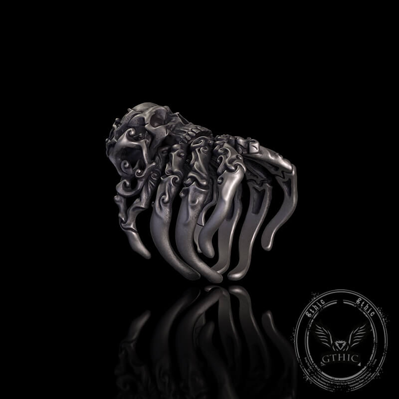 Cracked Skull Eight Tentacles Sterling Silver Gothic Ring