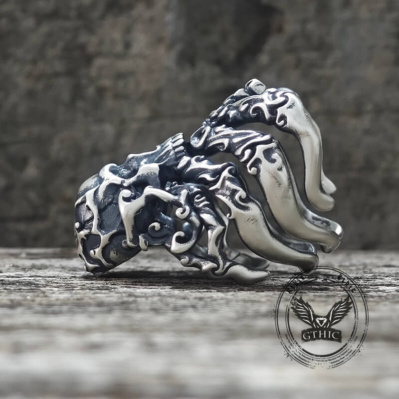 Cracked Skull Eight Tentacles Sterling Silver Gothic Ring