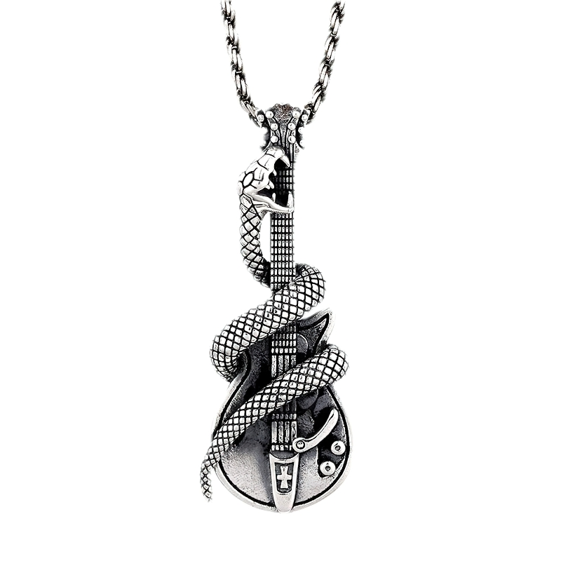 Creative Accessories of Snake on Guitar-shaped / Pure Silver Pendant / Rock Style