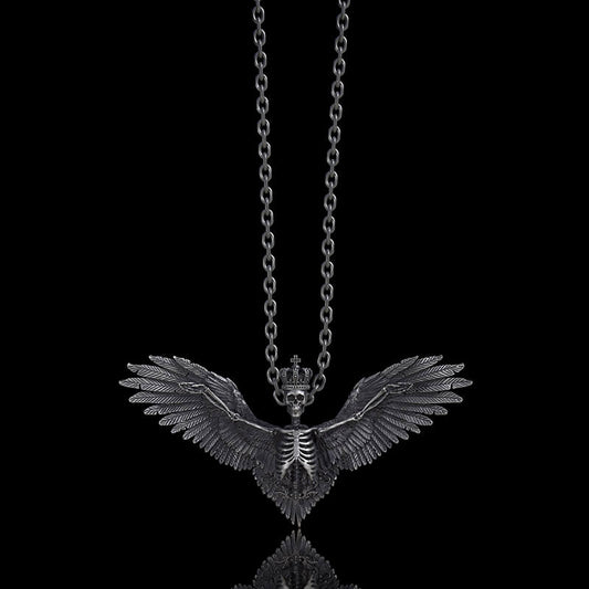 Crowned Skeleton Wings Sterling Silver Pendant