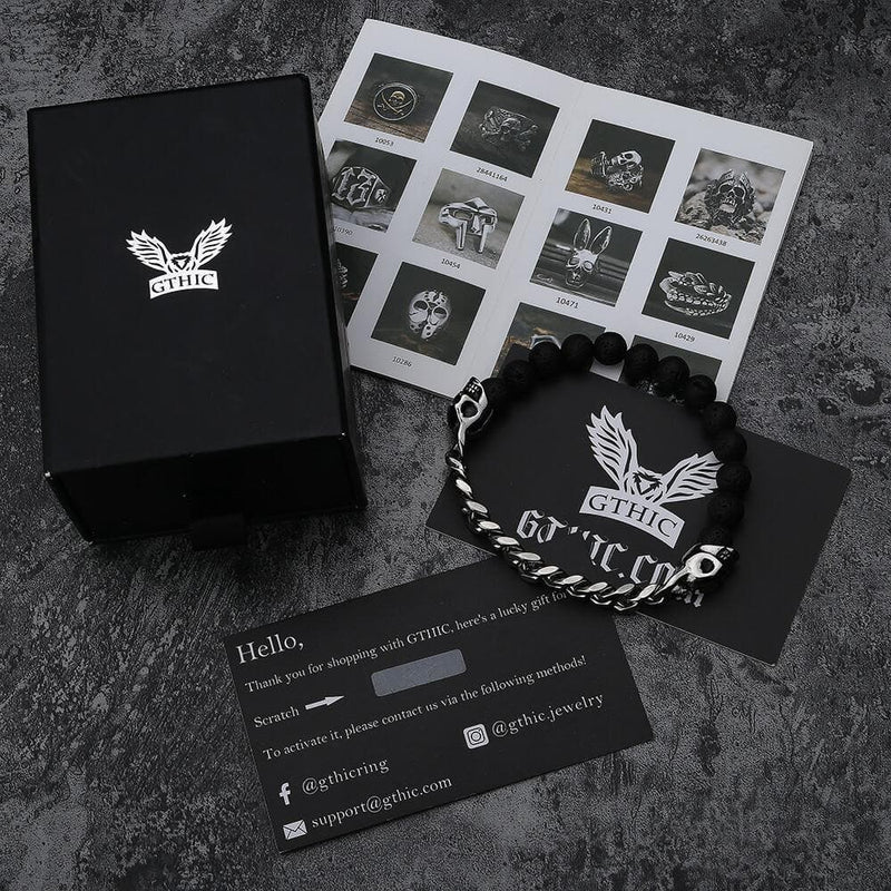 Cuban Chain and Volcanic Rock Skull Bracelet