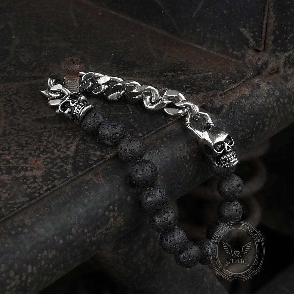 Cuban Chain and Volcanic Rock Skull Bracelet