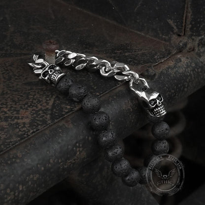 Cuban Chain and Volcanic Rock Skull Bracelet