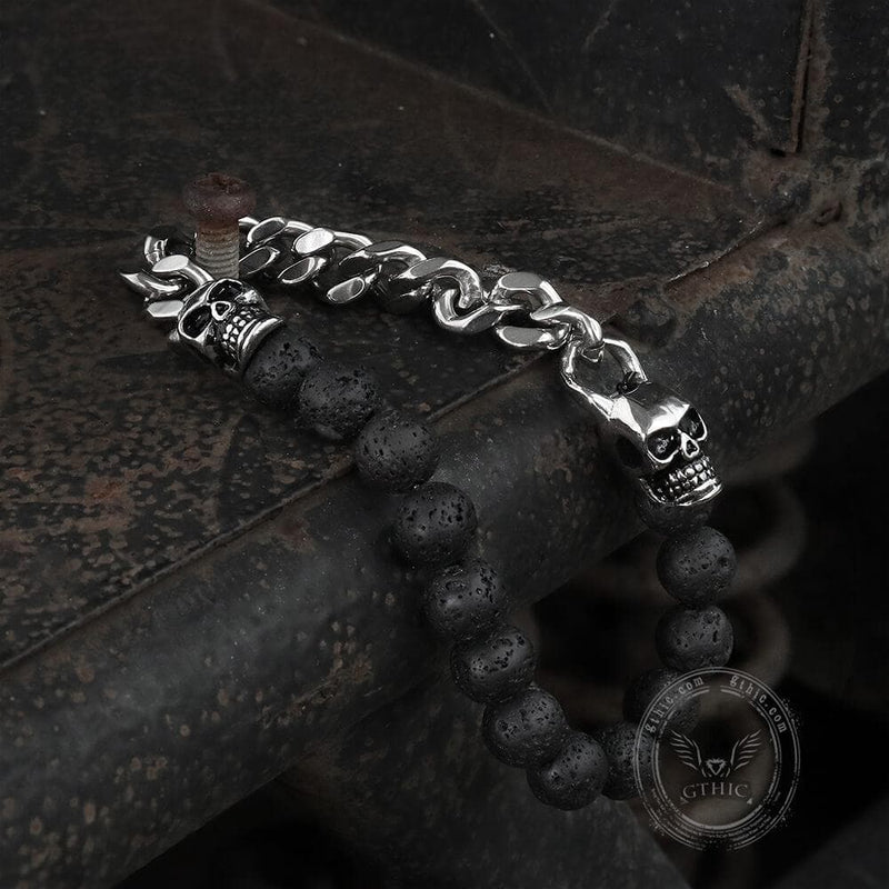 Cuban Chain and Volcanic Rock Skull Bracelet