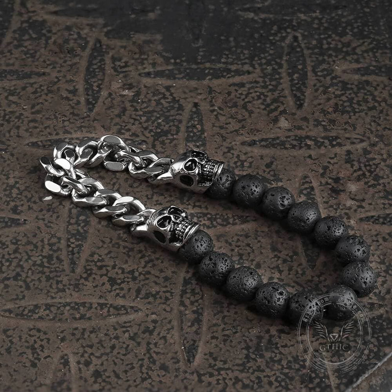 Cuban Chain and Volcanic Rock Skull Bracelet