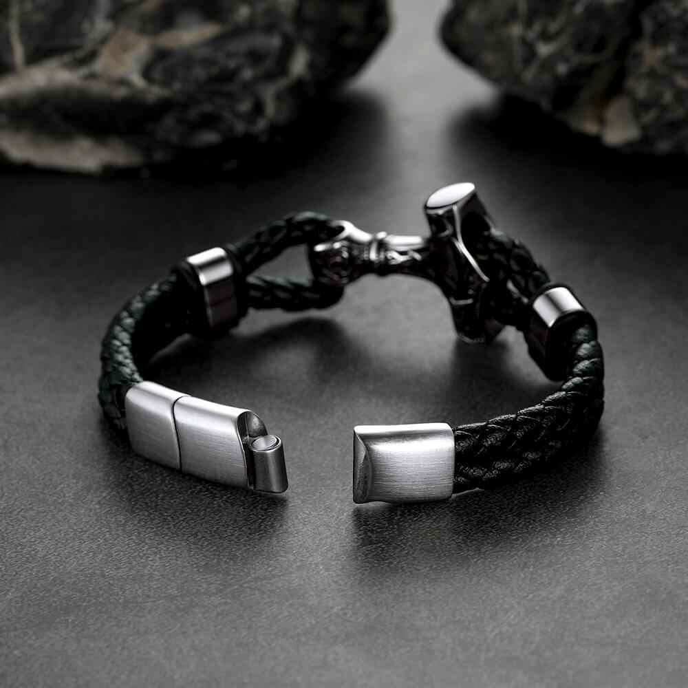 Viking Thor's Hammer Mjolnir Braided Leather Bracelet Gift for