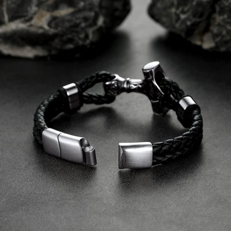 Viking Thor's Hammer Mjolnir Braided Leather Bracelet Gift for