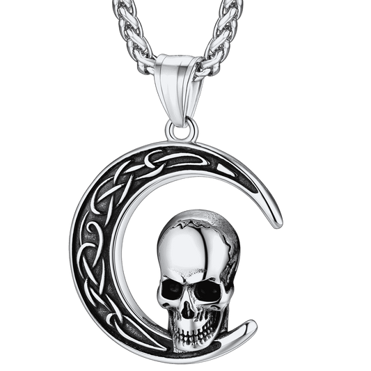 Flash Celtic Crescent Moon Skull Necklace for