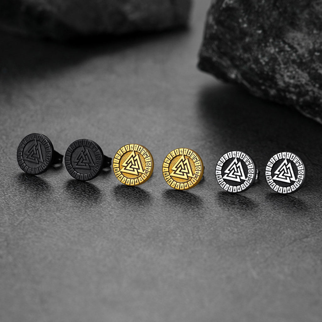 Viking Valknut Black Stud Earrings for With Runes