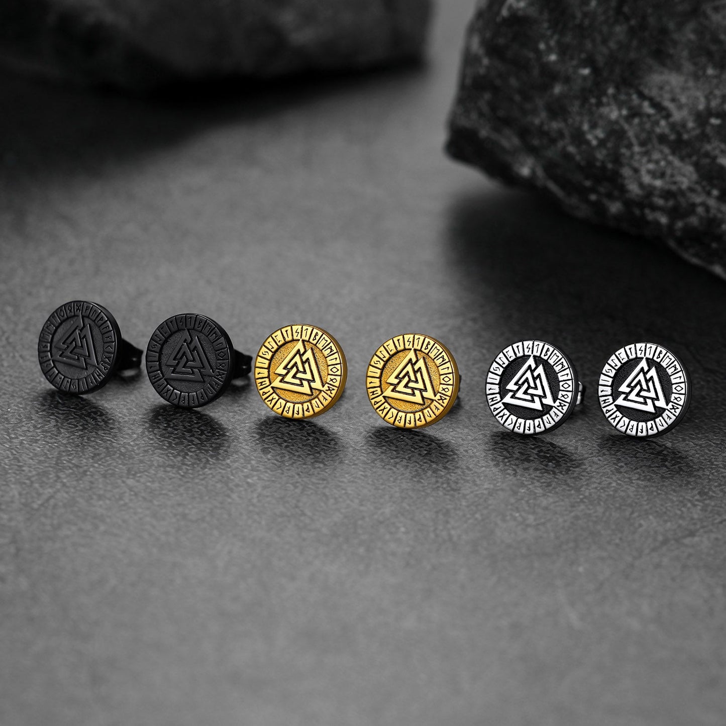 Viking Valknut Black Stud Earrings for With Runes