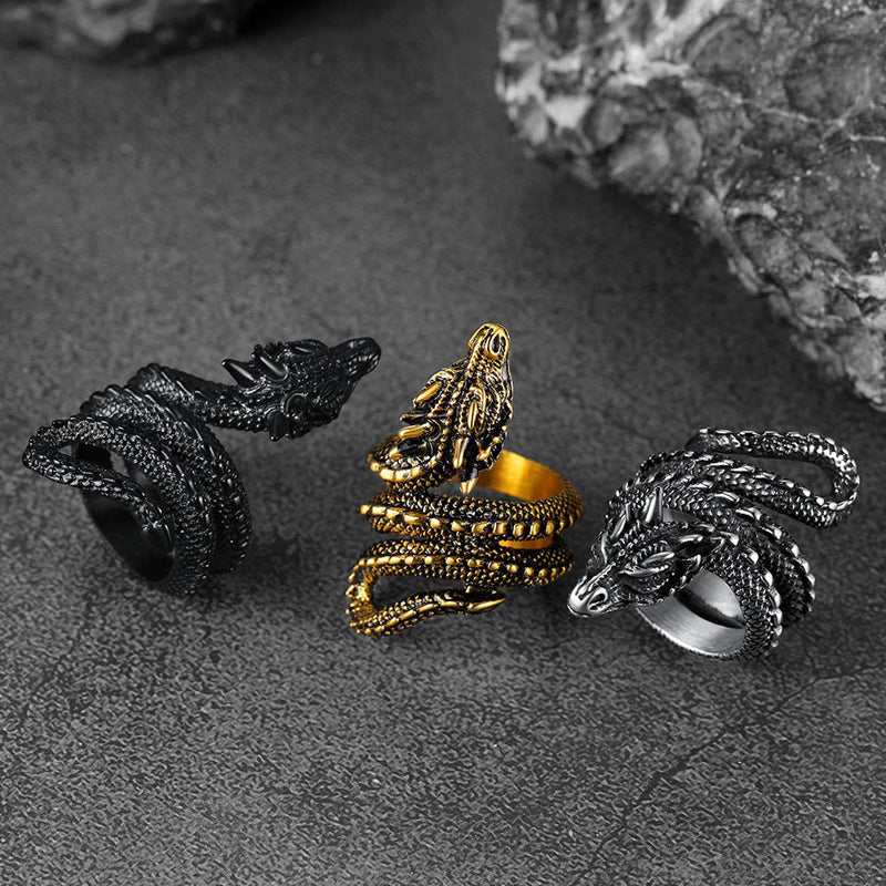 Punk Coiled Dragon Stainless Steel Ring for