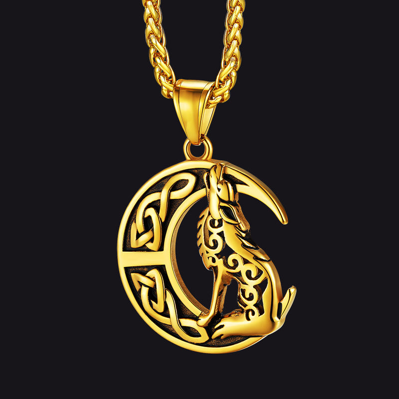Viking Celtic Crescent Moon Wolf Necklace Pendant for