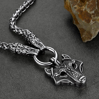 Viking Wolf Pendant Necklace With Wolf Rope Chain for