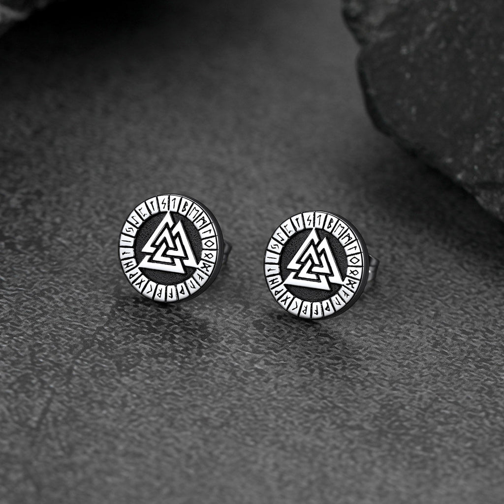 Viking Valknut Black Stud Earrings for With Runes