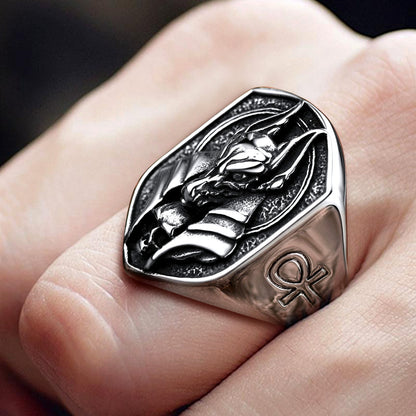 Ancient Egyptian Anubis Signet Ring With Ankh Cross for