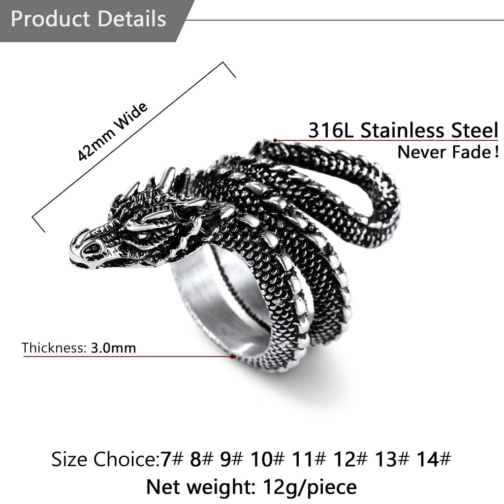 Punk Coiled Dragon Stainless Steel Ring for