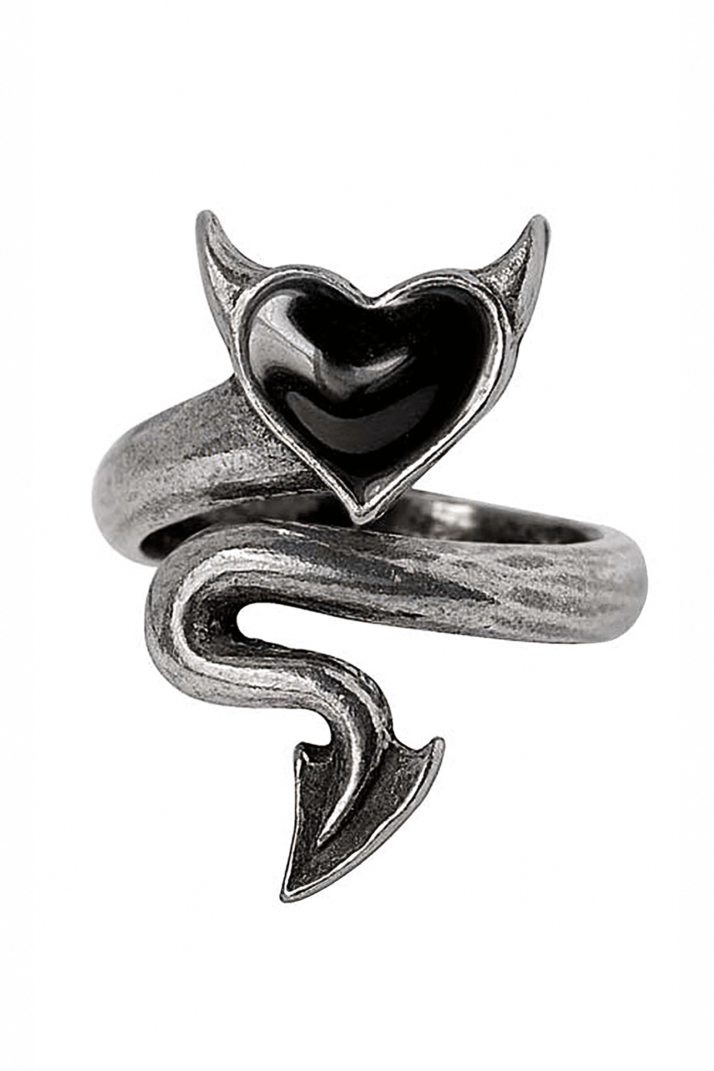 Dark Devil Heart Wrap Ring With Black Enamel Tail