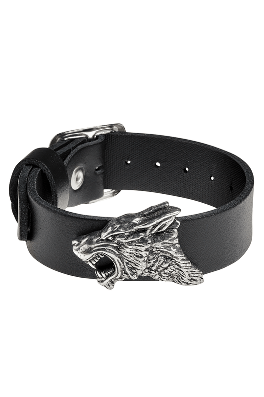 Dark Leather Wrist Strap With Pewter Wolf Head