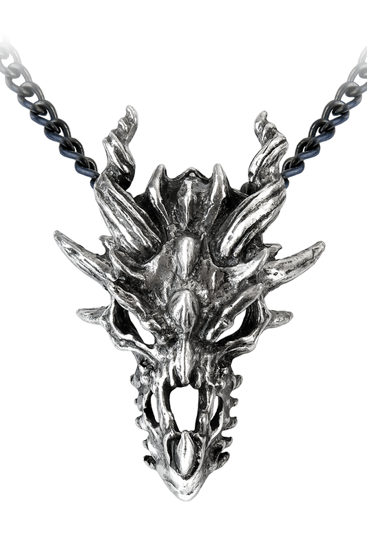 Dark Spiked Dragon Skull Pendant With Gothic Chain