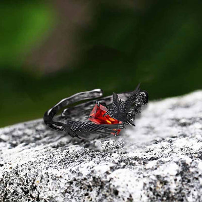 Dark Punk Crow Red Zircon Copper Open Ring