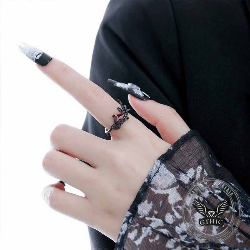 Dark Punk Crow Red Zircon Copper Open Ring