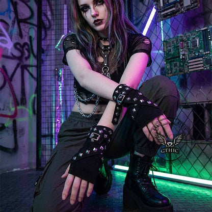 Dark Punk Studded Strap Half-finger Sleeve Gloves