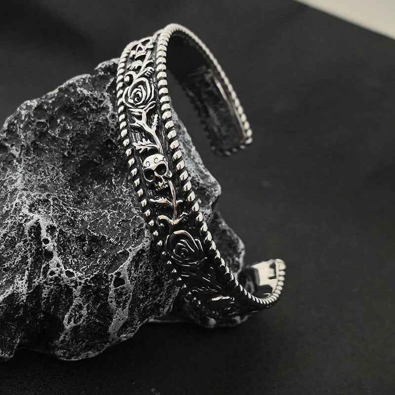 Dark Skull Rose Gothic Stainless Steel Open Bracelet