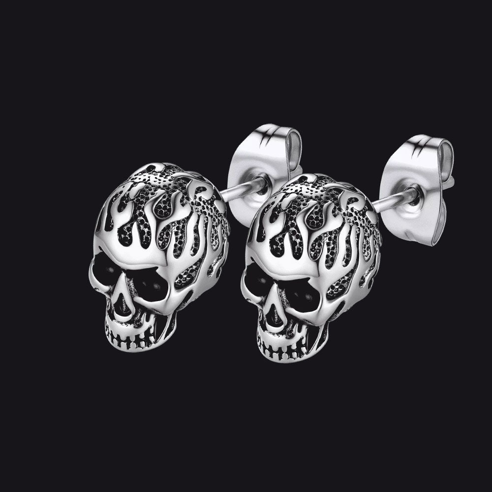 Gothic Flaming Skull Stud Earrings for