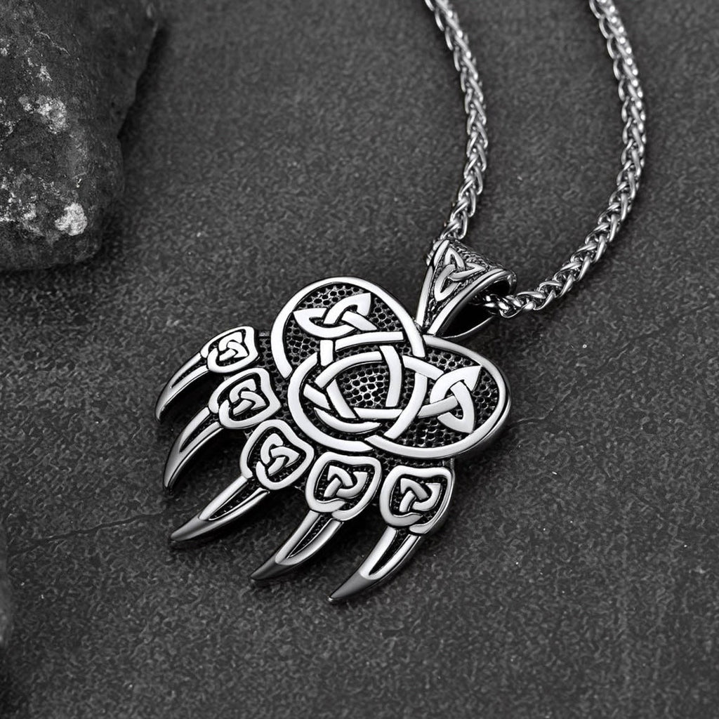 Viking Bear Paw Necklace With Celtic Knot for