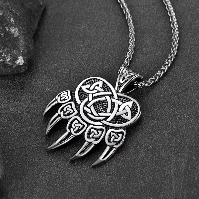 Viking Bear Paw Necklace With Celtic Knot for